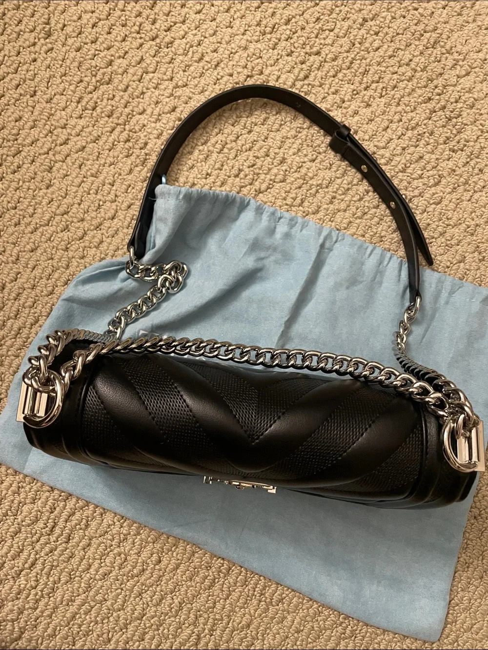 Tiffany & Fred Black Chevron Leather Crossbody with Silver Chain - Picture 7 of 14